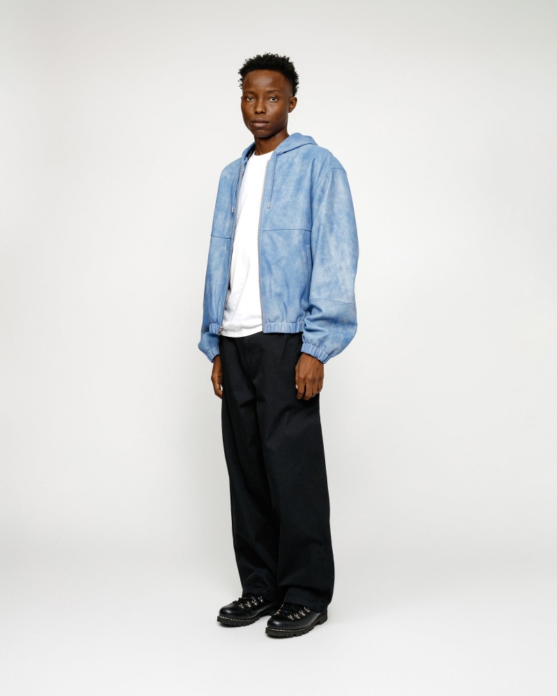 Stussy Work Stonewash Leather Jackets Blue | 03541PXSW