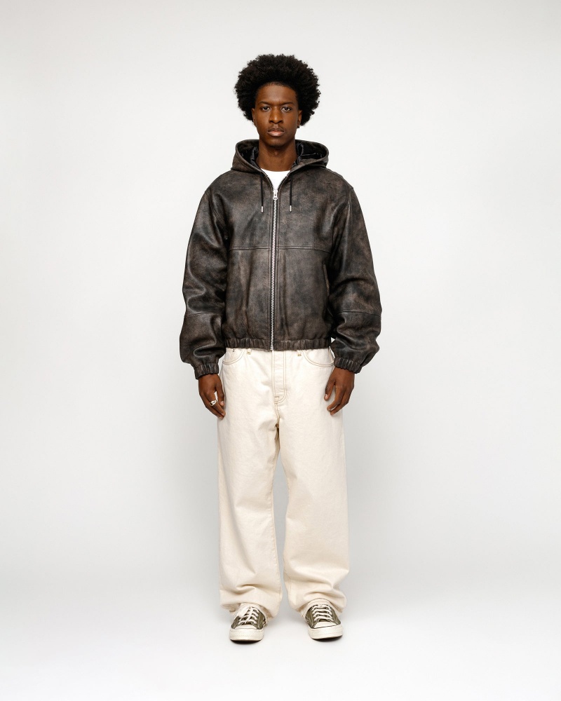 Stussy Work Stonewash Leather Jackets Black | 87624XLNH