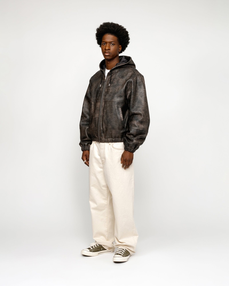 Stussy Work Stonewash Leather Jackets Black | 87624XLNH