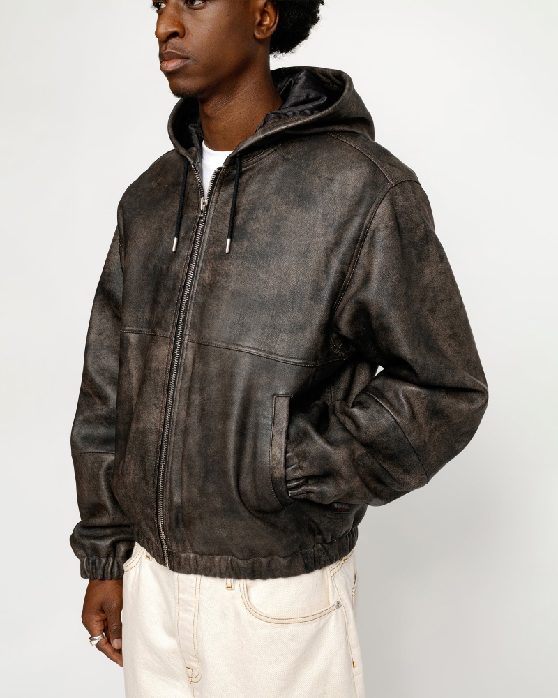 Stussy Work Stonewash Leather Jackets Black | 87624XLNH