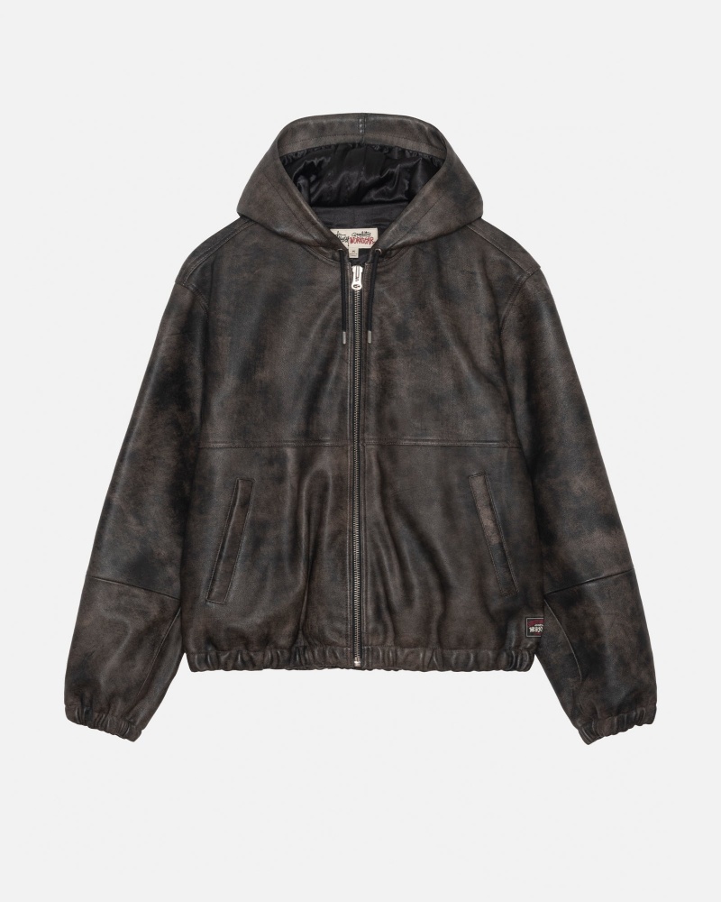 Stussy Work Stonewash Leather Jackets Black | 87624XLNH