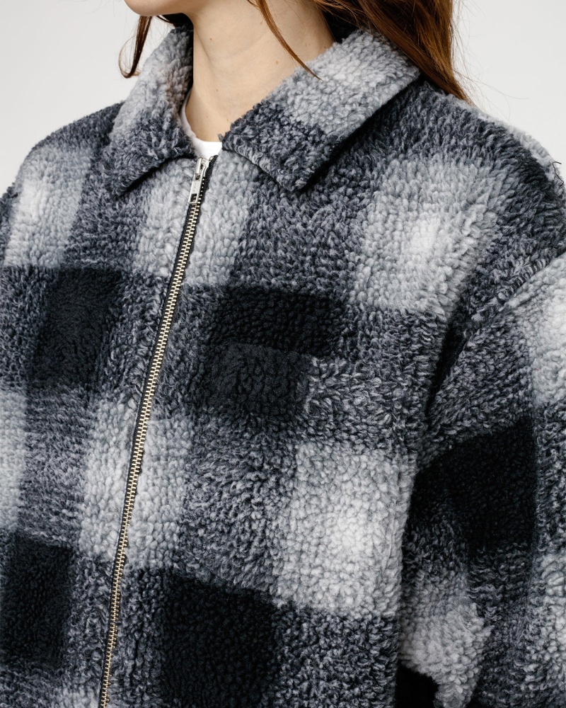 Stussy Zip Sherpa Shadow Plaid Coats Black | 34170TAVU