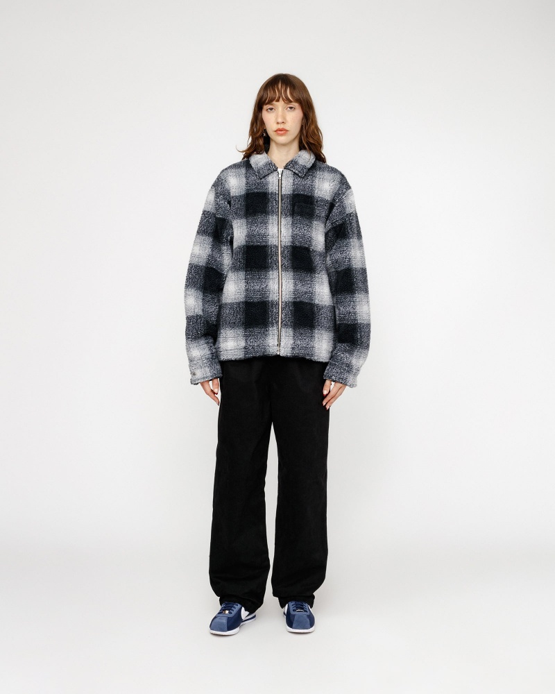 Stussy Zip Sherpa Shadow Plaid Coats Black | 34170TAVU