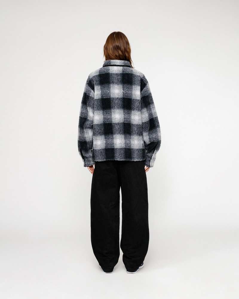 Stussy Zip Sherpa Shadow Plaid Coats Black | 34170TAVU