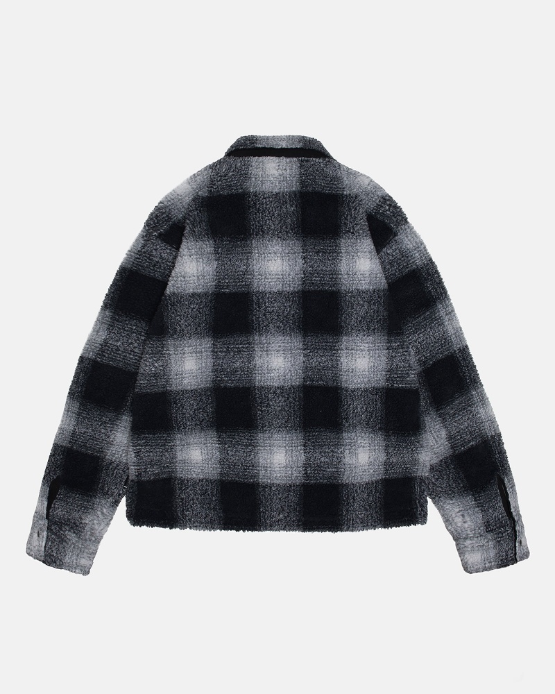 Stussy Zip Sherpa Shadow Plaid Coats Black | 34170TAVU