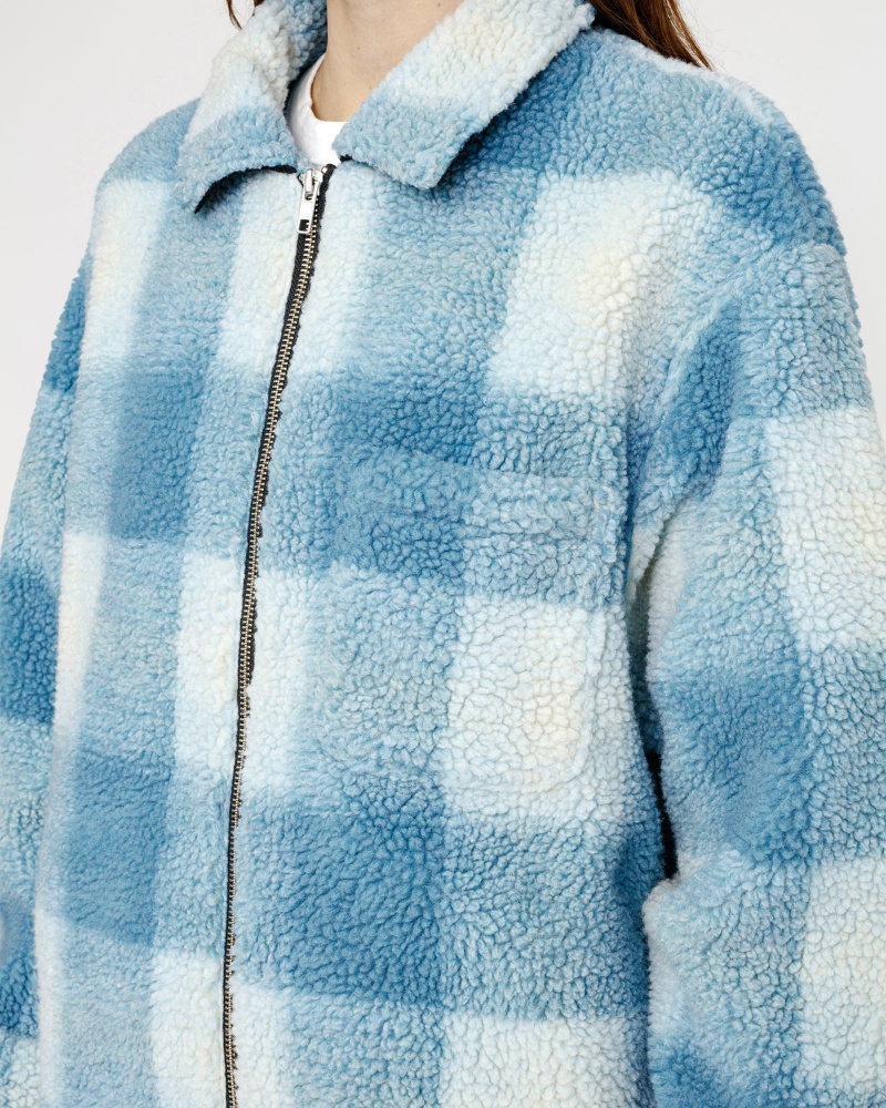 Stussy Zip Sherpa Shadow Plaid Coats Light Blue | 43708DFAL