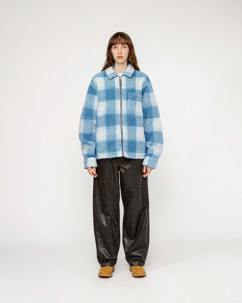 Stussy Zip Sherpa Shadow Plaid Coats Light Blue | 43708DFAL