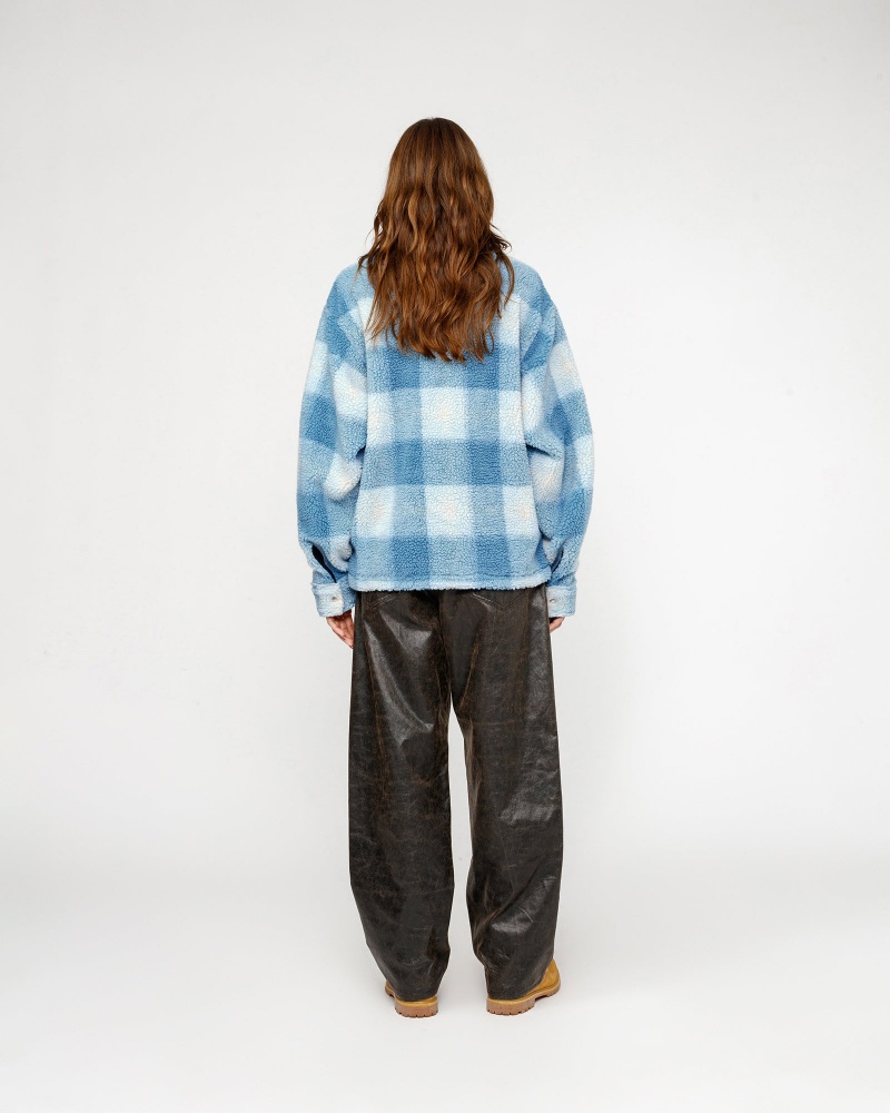 Stussy Zip Sherpa Shadow Plaid Coats Light Blue | 43708DFAL