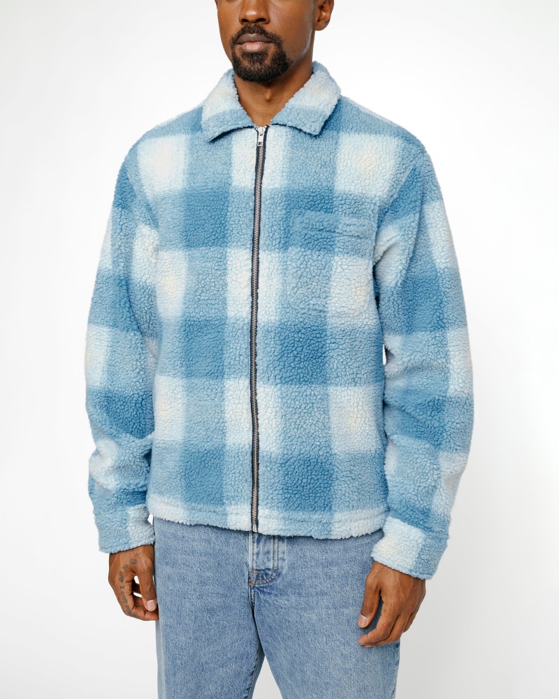 Stussy Zip Sherpa Shadow Plaid Coats Light Blue | 43708DFAL