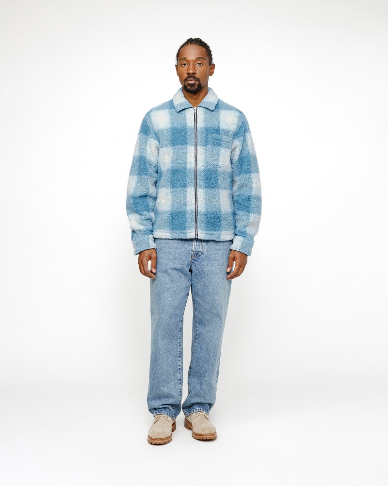 Stussy Zip Sherpa Shadow Plaid Coats Light Blue | 43708DFAL