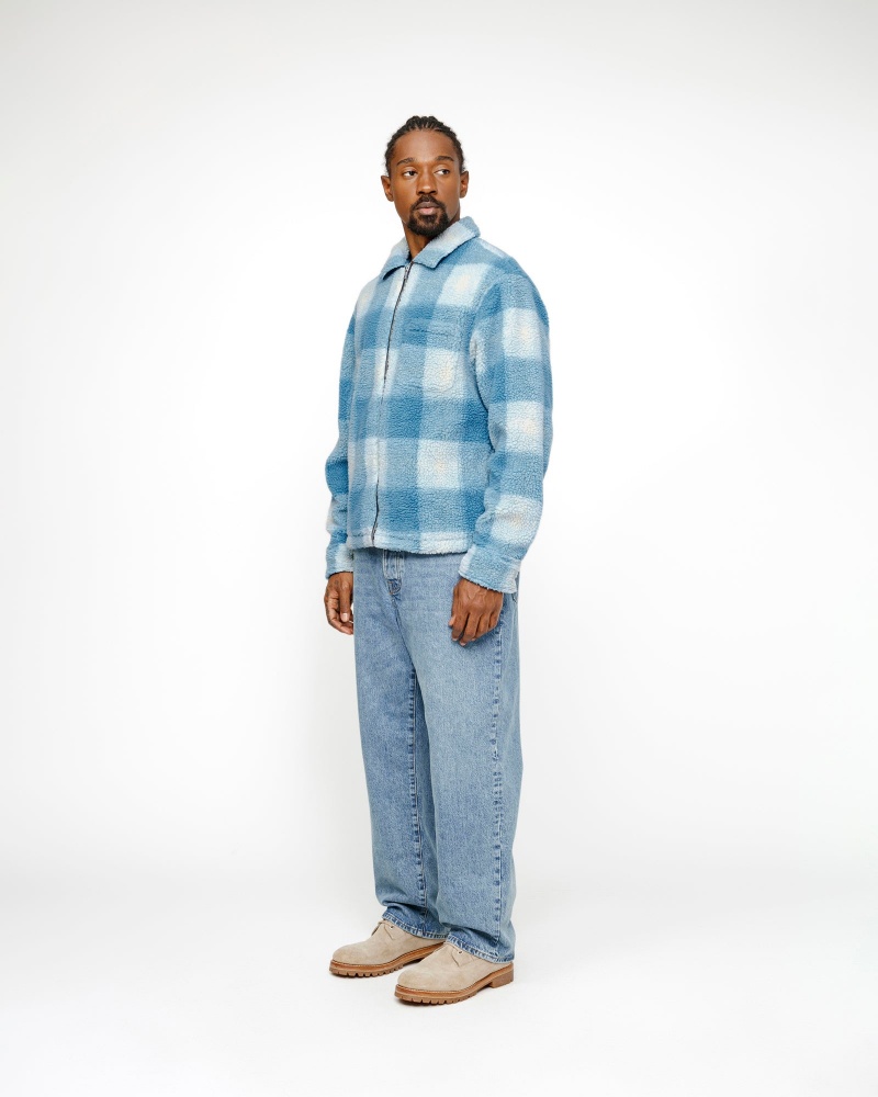 Stussy Zip Sherpa Shadow Plaid Coats Light Blue | 43708DFAL