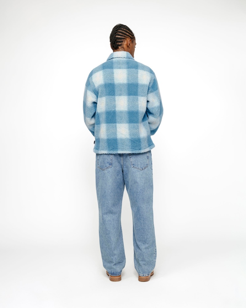 Stussy Zip Sherpa Shadow Plaid Coats Light Blue | 43708DFAL