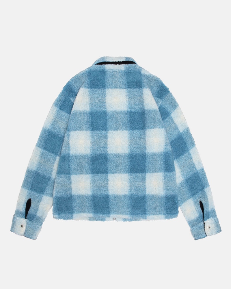 Stussy Zip Sherpa Shadow Plaid Coats Light Blue | 43708DFAL