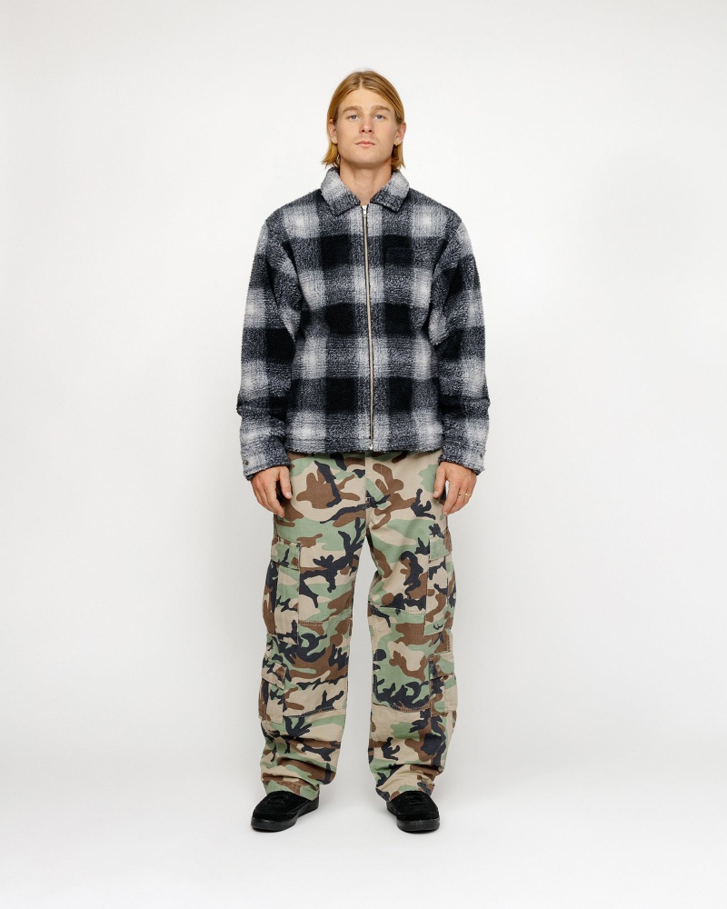 Stussy Zip Sherpa Shadow Plaid Shirts Black | 05869TOMU